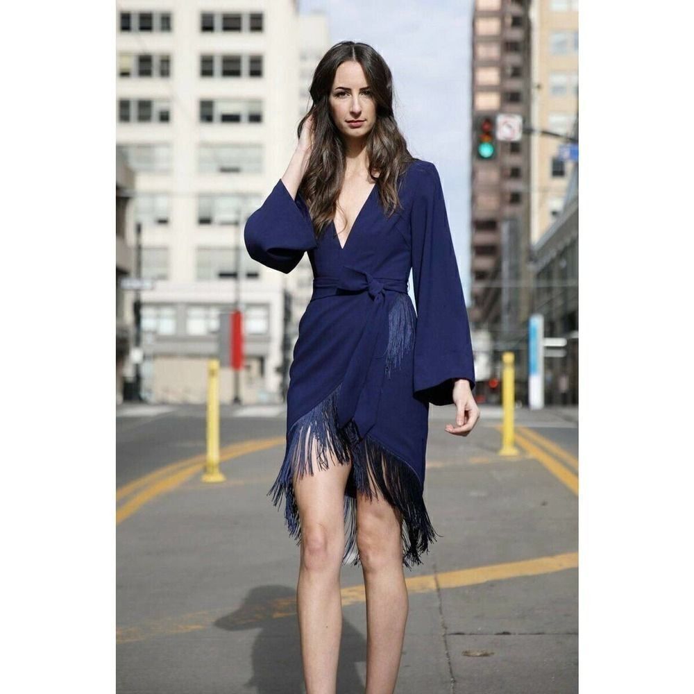 by egreis jocelyn navy blue fringe overlap long sleeve dress size small